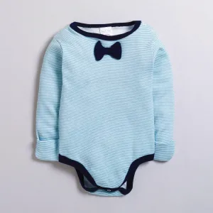 Polka Tots Full Sleeve Romper with Folded Mittens 100% Cotton Applique Bow Tie Blue