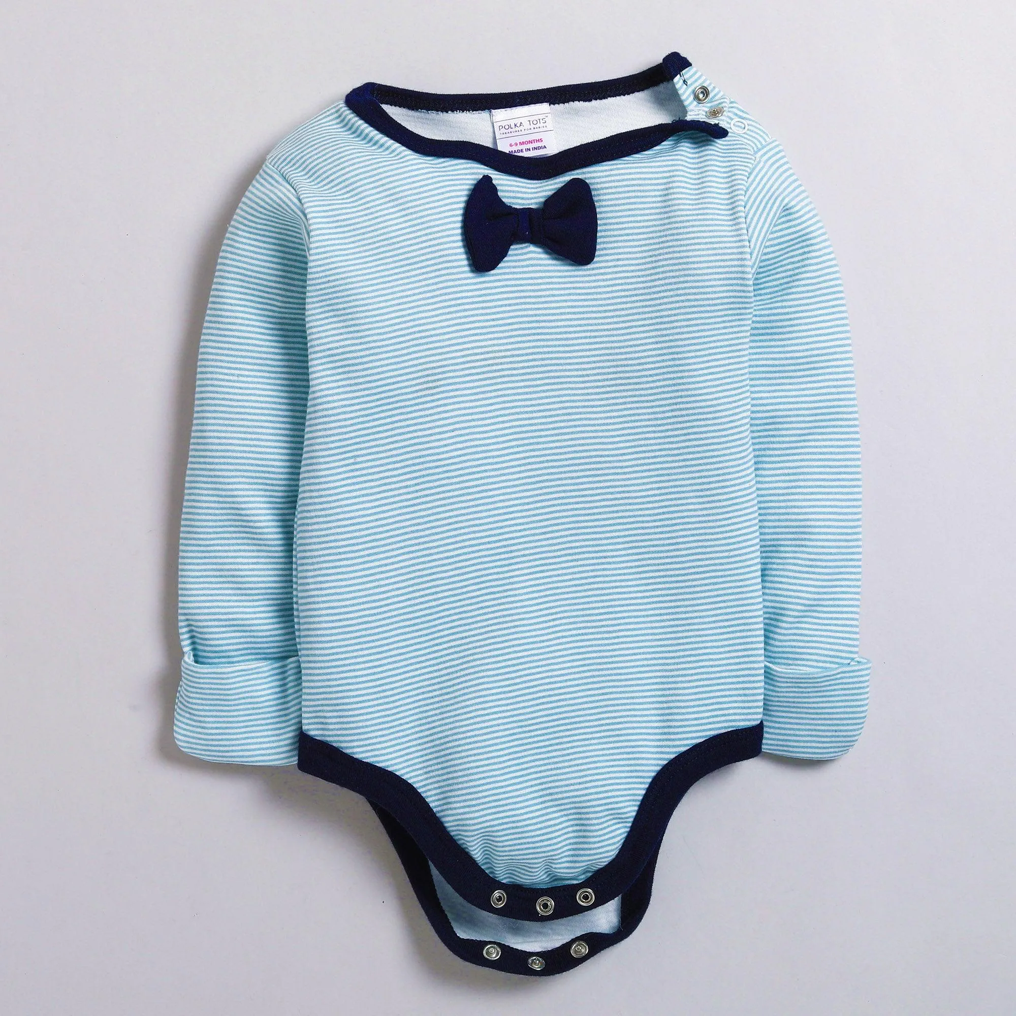 Polka Tots Full Sleeve Romper with Folded Mittens 100% Cotton Applique Bow Tie Blue