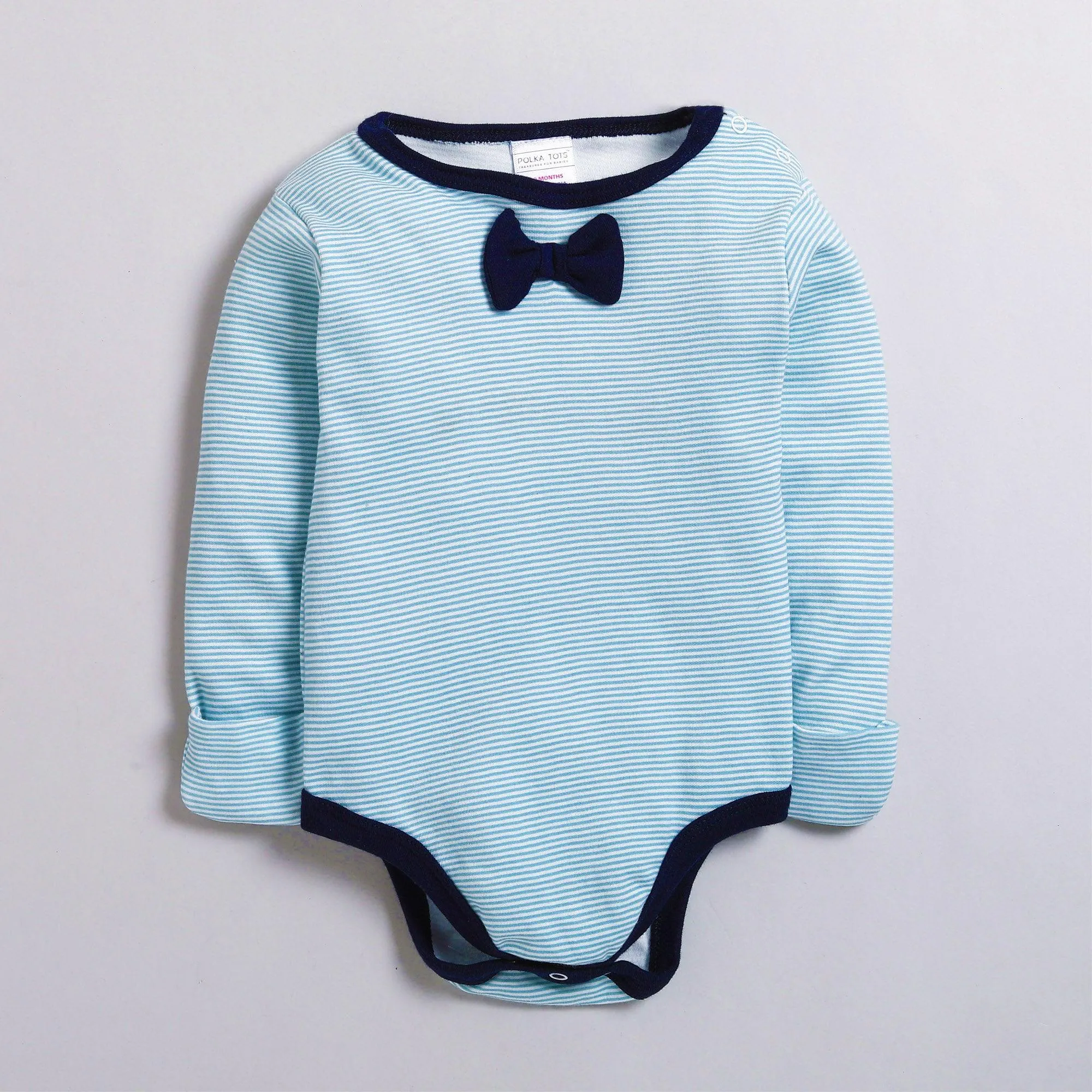 Polka Tots Full Sleeve Romper with Folded Mittens 100% Cotton Applique Bow Tie Blue