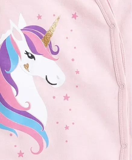 Polka Tots Full Sleeves Folded Mittens Style Unicorn Print Footed Romper - Pink