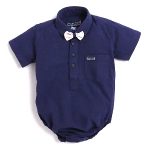 Polka Tots Half Sleeve Print Shirt Romper With Bow Tie - Navy