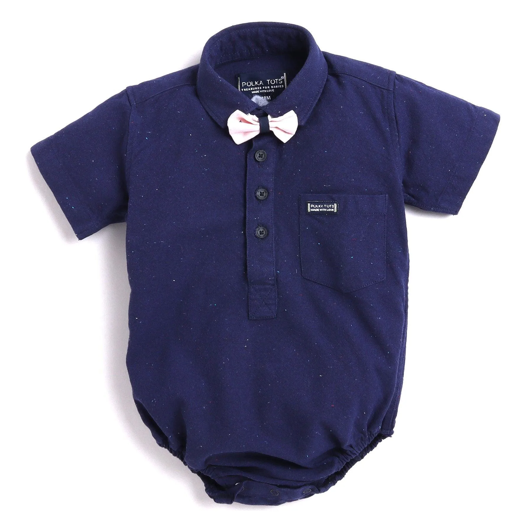 Polka Tots Half Sleeve Print Shirt Romper With Bow Tie - Navy