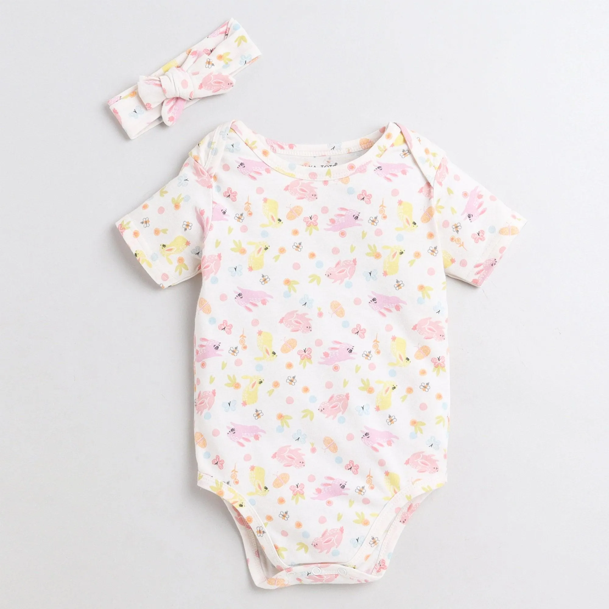 Polka Tots Half Sleeve Romper Onesie 100% Super Soft Cotton With Head band and Funny Animals - White
