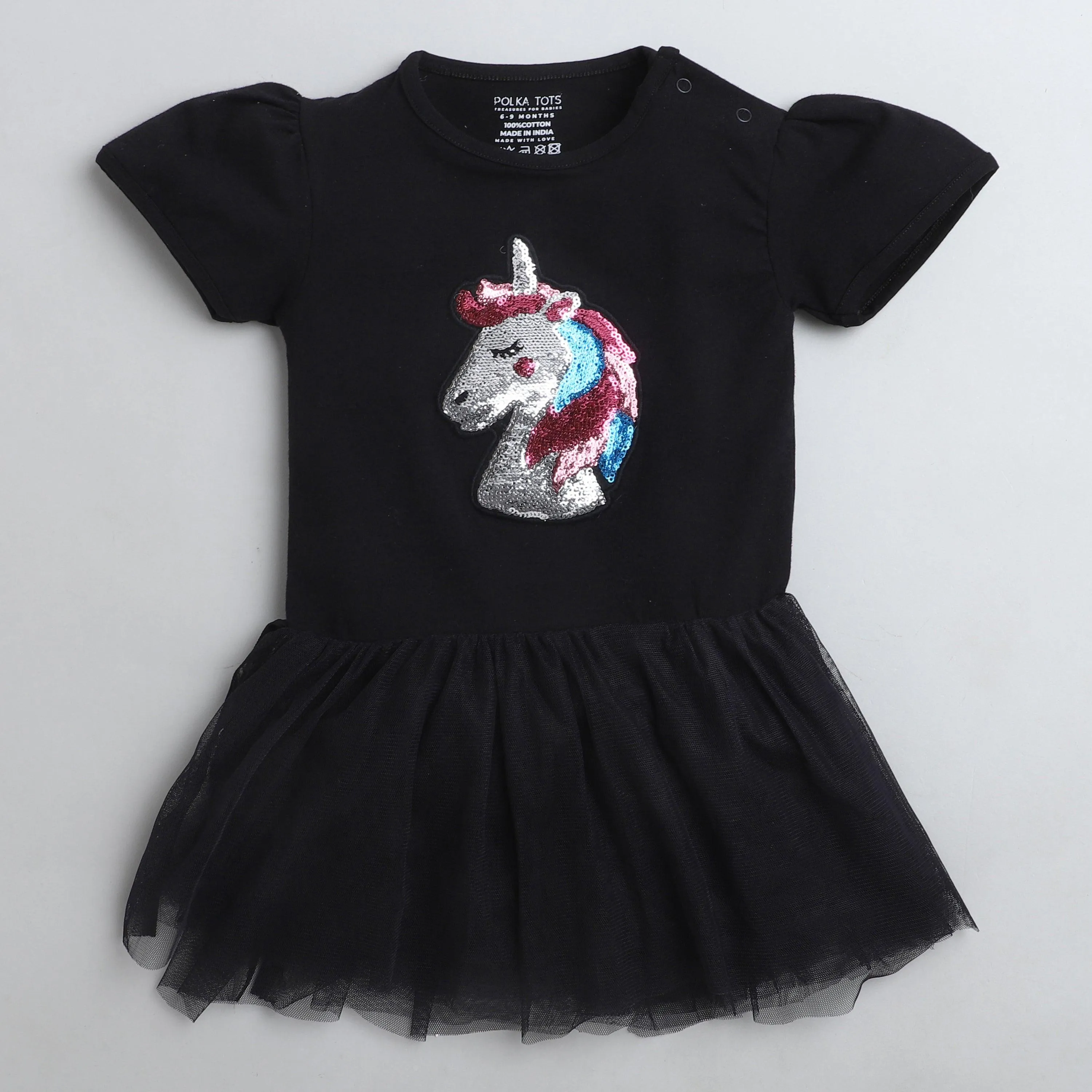 Polka Tots Half Sleeve Romper Onesie Sequence Unicorn Head - Black