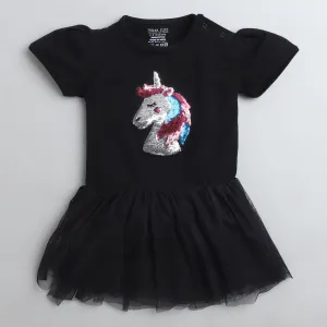 Polka Tots Half Sleeve Romper Onesie Sequence Unicorn Head - Black