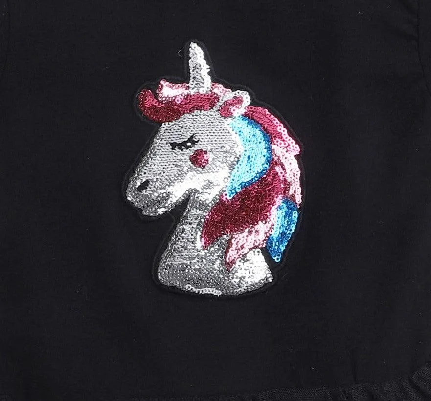Polka Tots Half Sleeve Romper Onesie Sequence Unicorn Head - Black