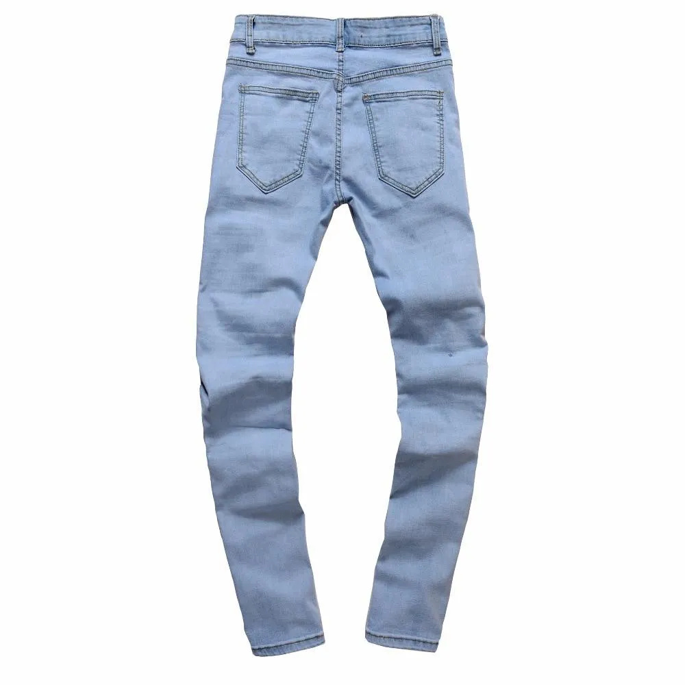 Premium Light Blue Destroyed Ripped Ankle Zipper Jeans