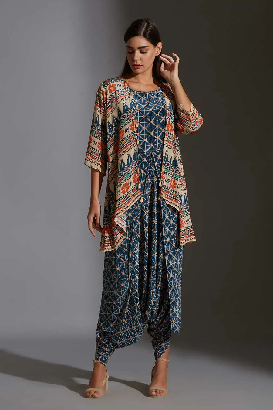 Printed Dhoti Jumpsuit & Jacket Set