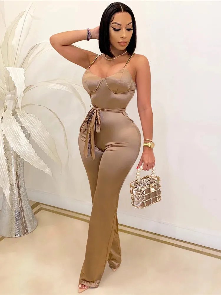 Rachel High Waisted Wide Leg Pants One Piece Sleeveless Jumpsuit with Belt