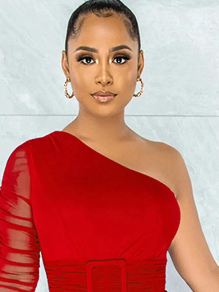 Red One Shoulder Dressy Jumpsuit
