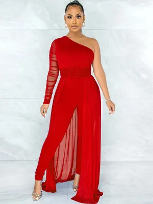 Red One Shoulder Dressy Jumpsuit