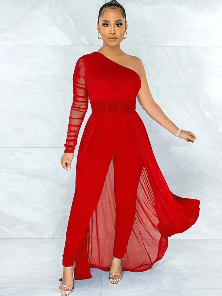 Red One Shoulder Dressy Jumpsuit