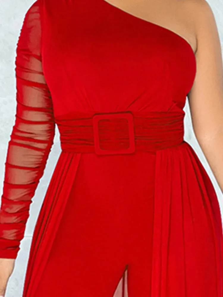 Red One Shoulder Dressy Jumpsuit