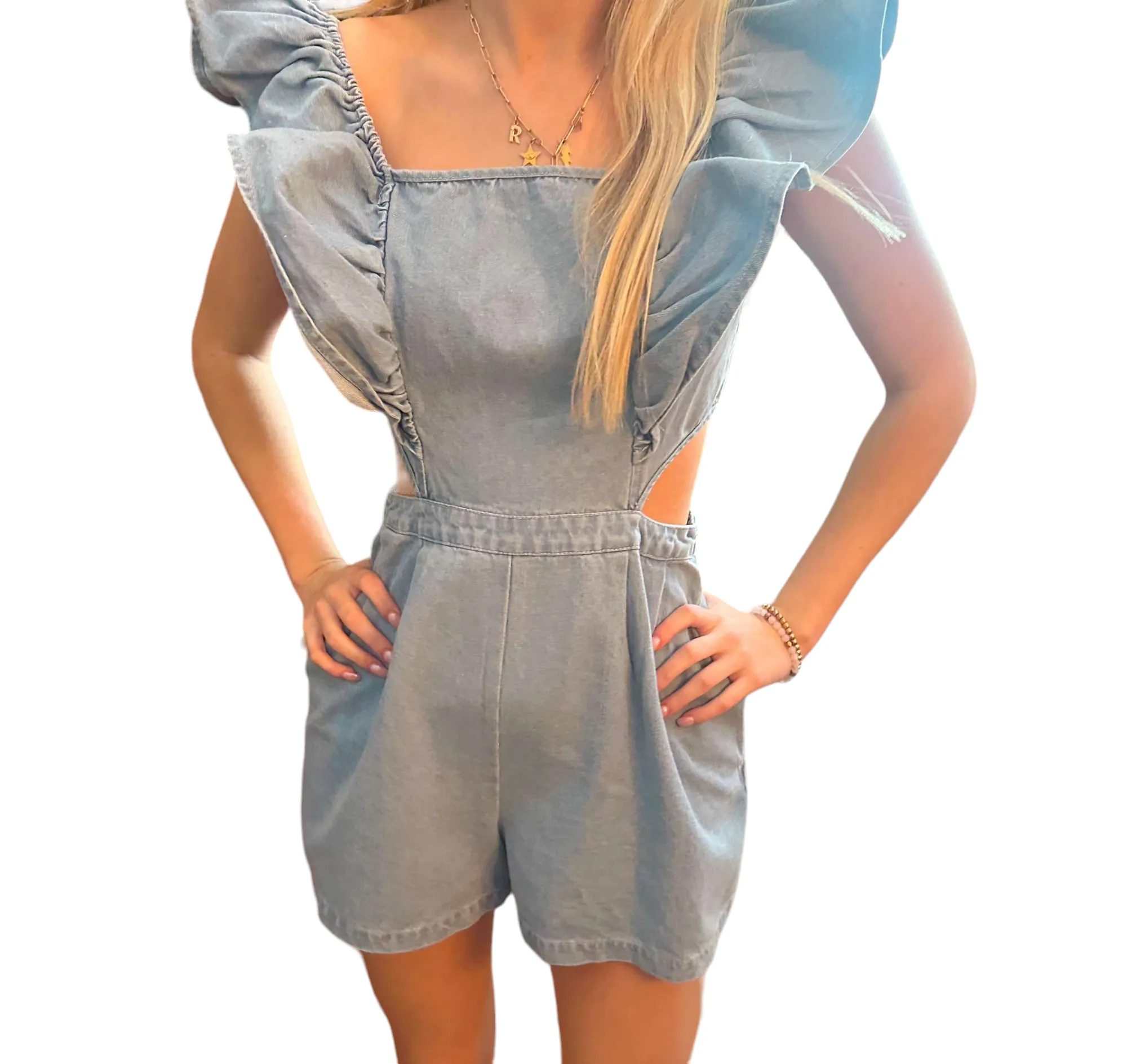 Ruffled Elegance Denim Romper