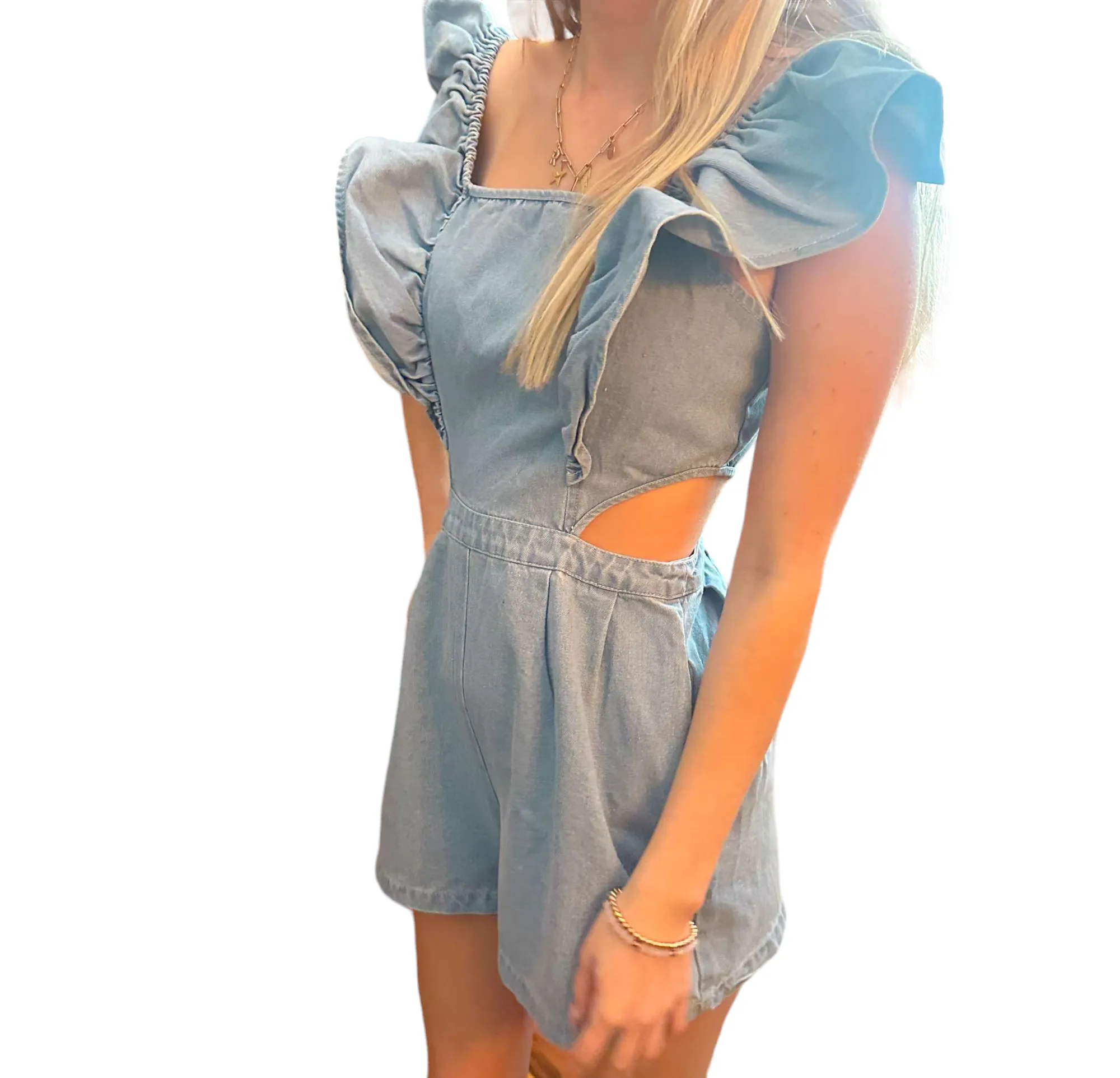 Ruffled Elegance Denim Romper