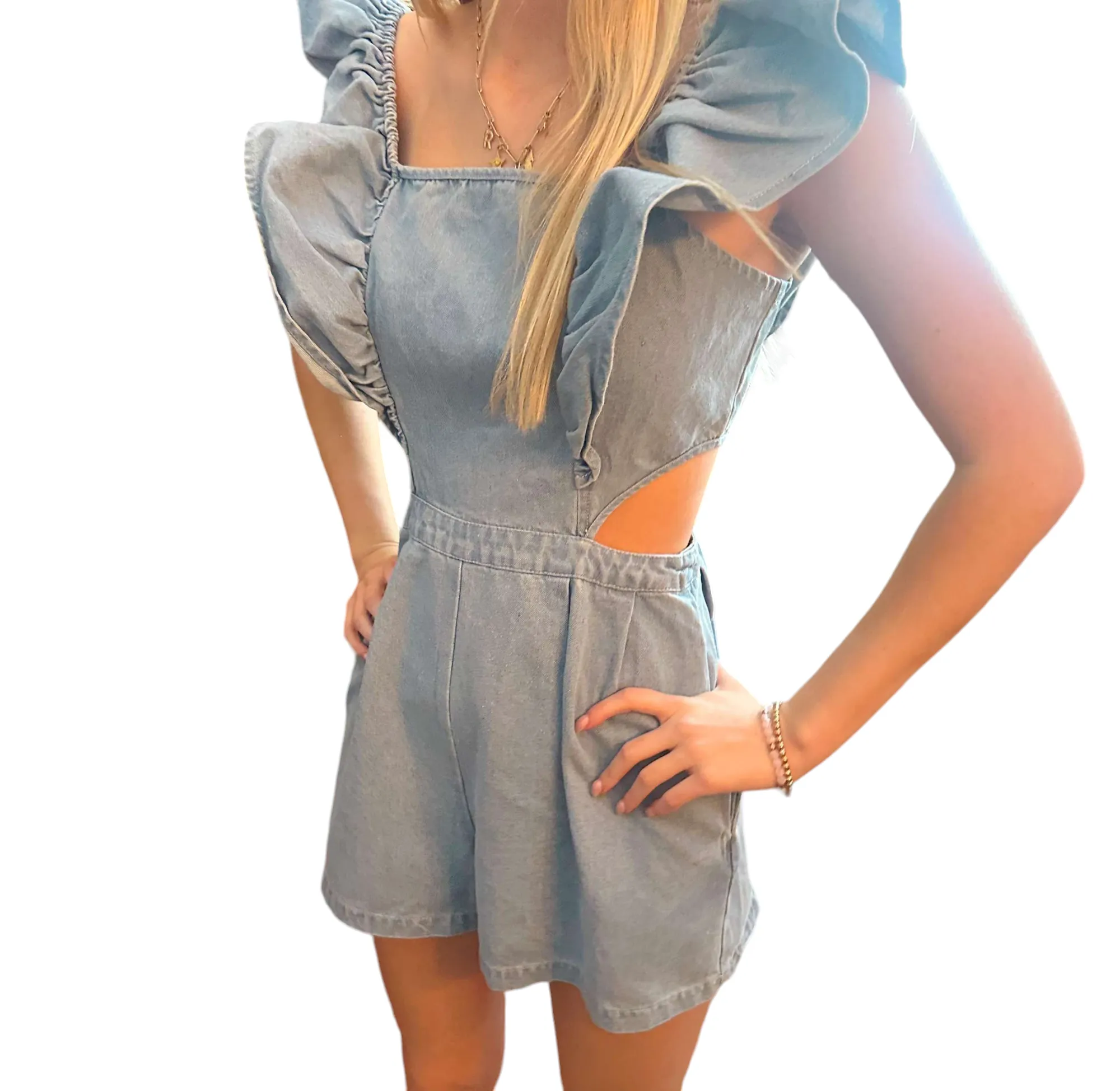 Ruffled Elegance Denim Romper