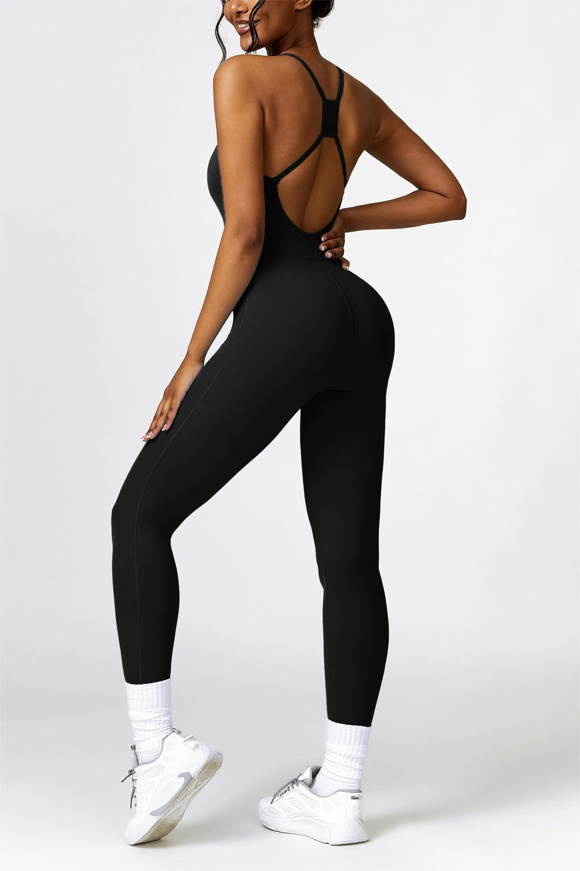 Scoop Neck Strappy Open Back Active Jumpsuit