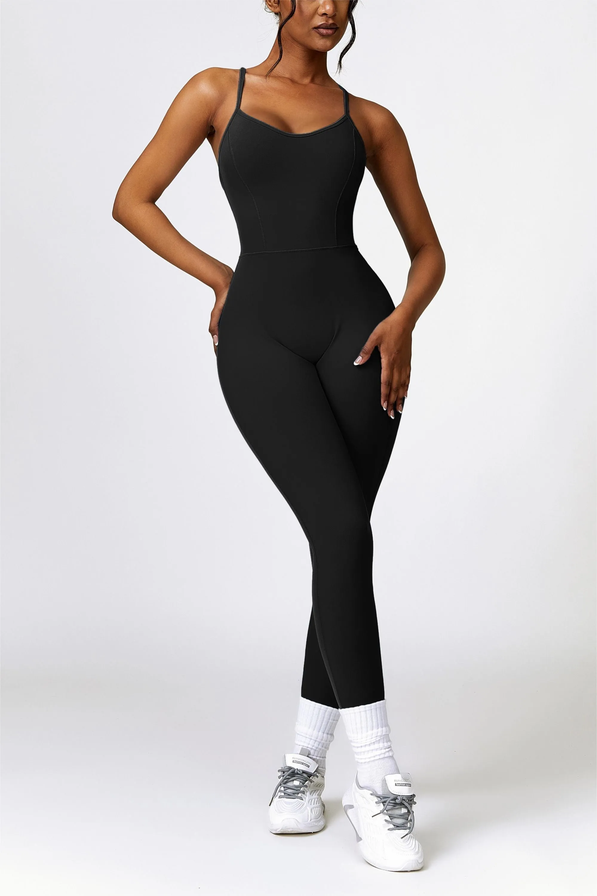 Scoop Neck Strappy Open Back Active Jumpsuit