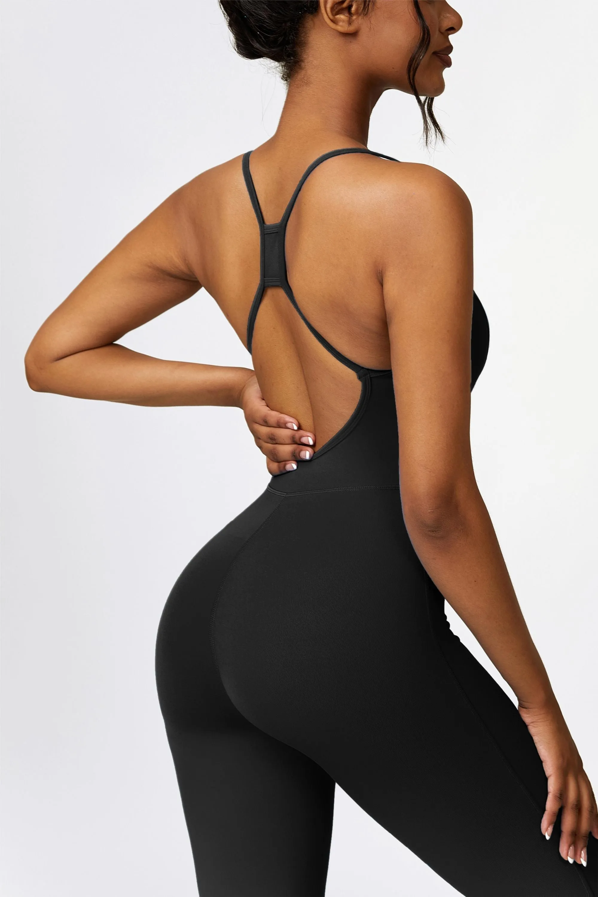 Scoop Neck Strappy Open Back Active Jumpsuit
