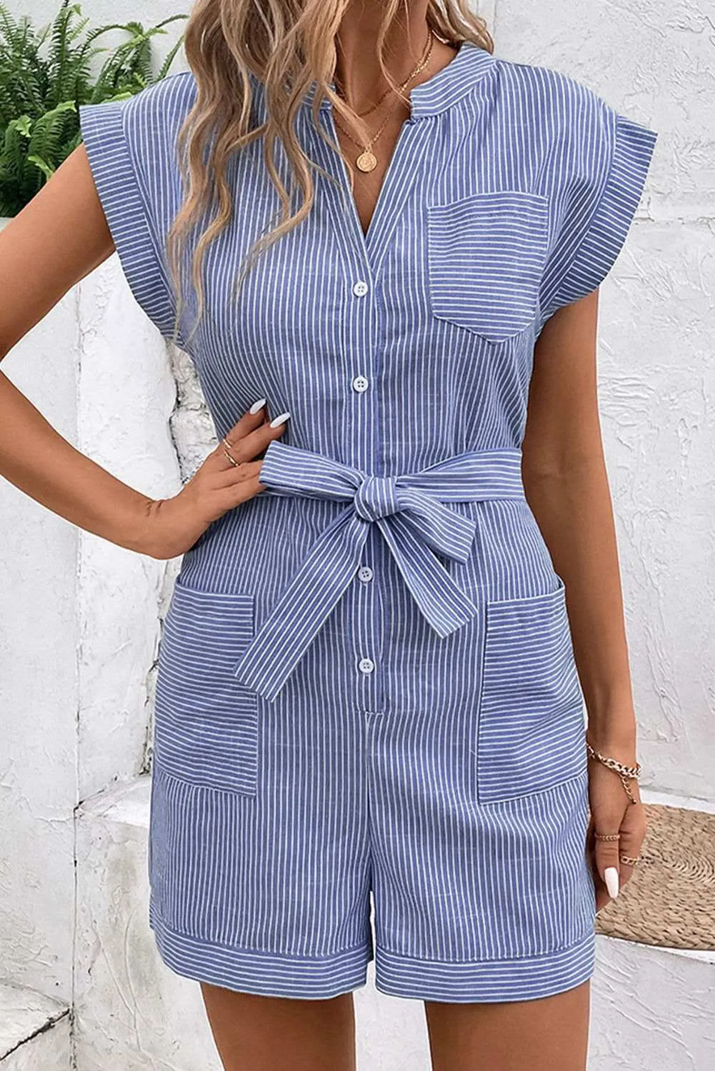 Sky Blue Stripe Buttoned Up Notch V Neck Pocketed Short Sleeve Romper