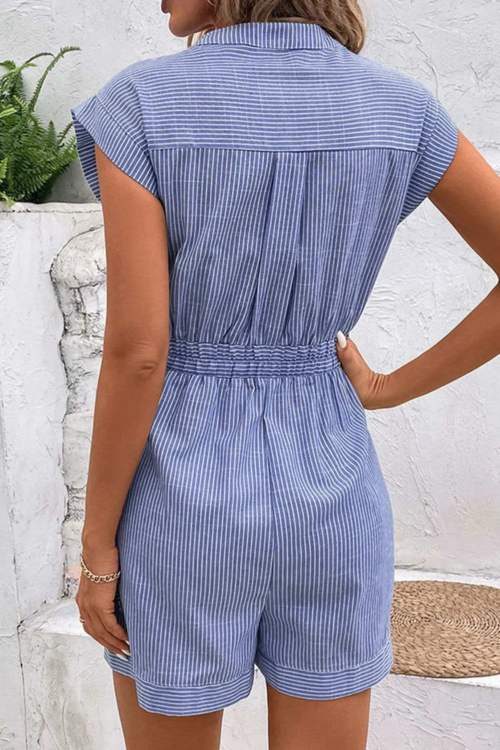 Sky Blue Stripe Buttoned Up Notch V Neck Pocketed Short Sleeve Romper