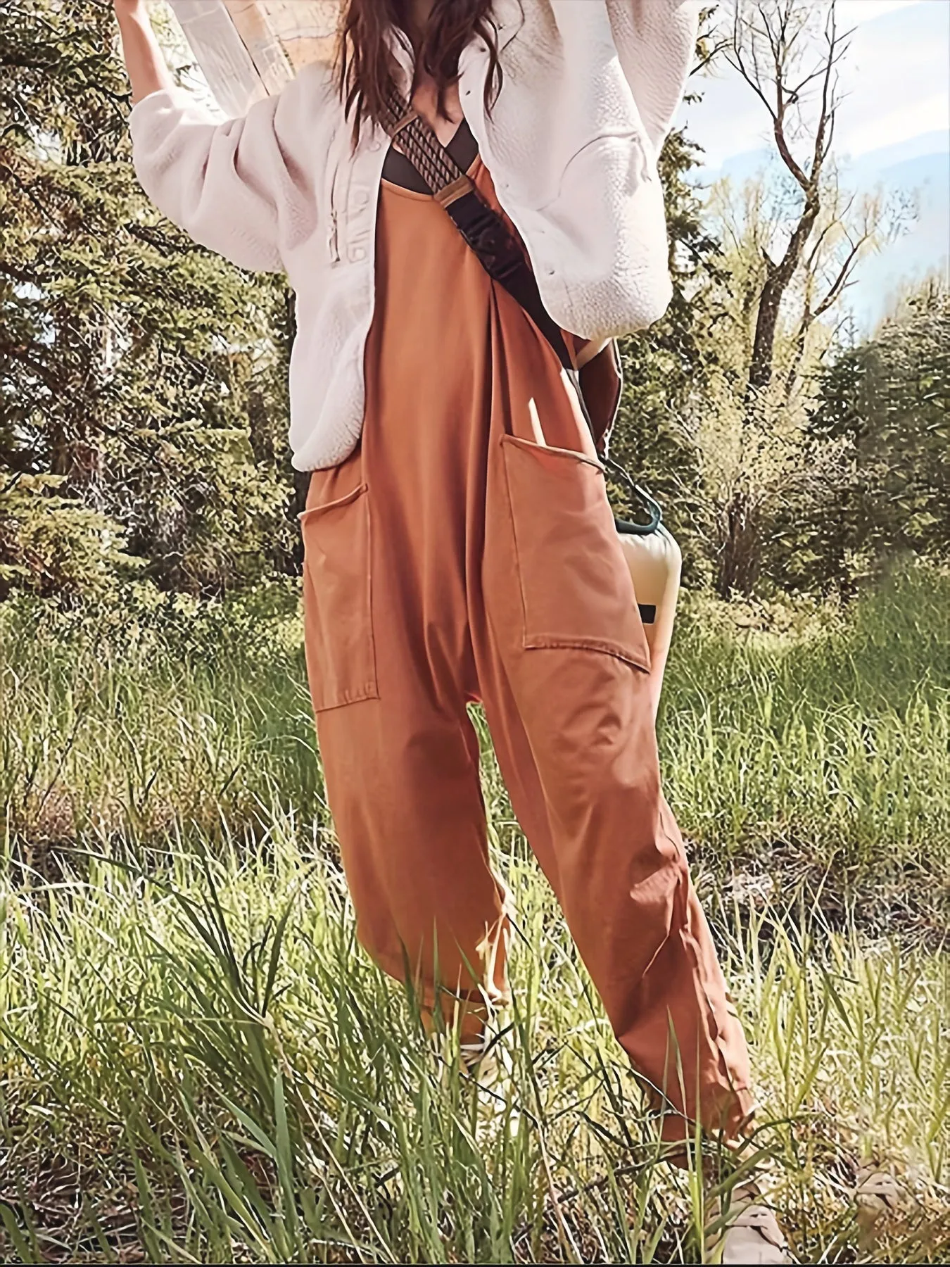 Spaghetti Strap Long Pant Romper Jumpsuit With Pockets Zipper