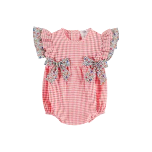 SS23 Deolinda Baby Girls Coral & White Check Romper DBV23202