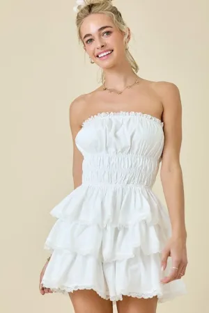 The Wendy Romper: White Lace Trimmed Strapless Tiered Mini Dress Romper