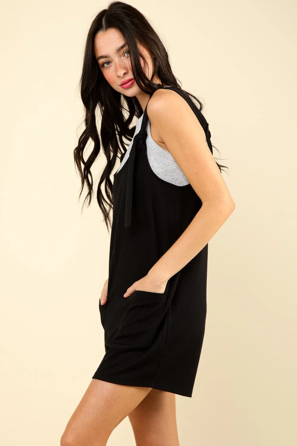 Tie Shoulder Front Pocket Romper - Black