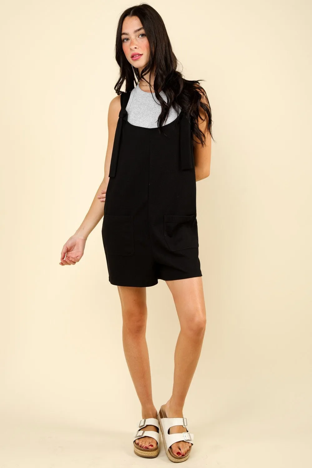 Tie Shoulder Front Pocket Romper - Black