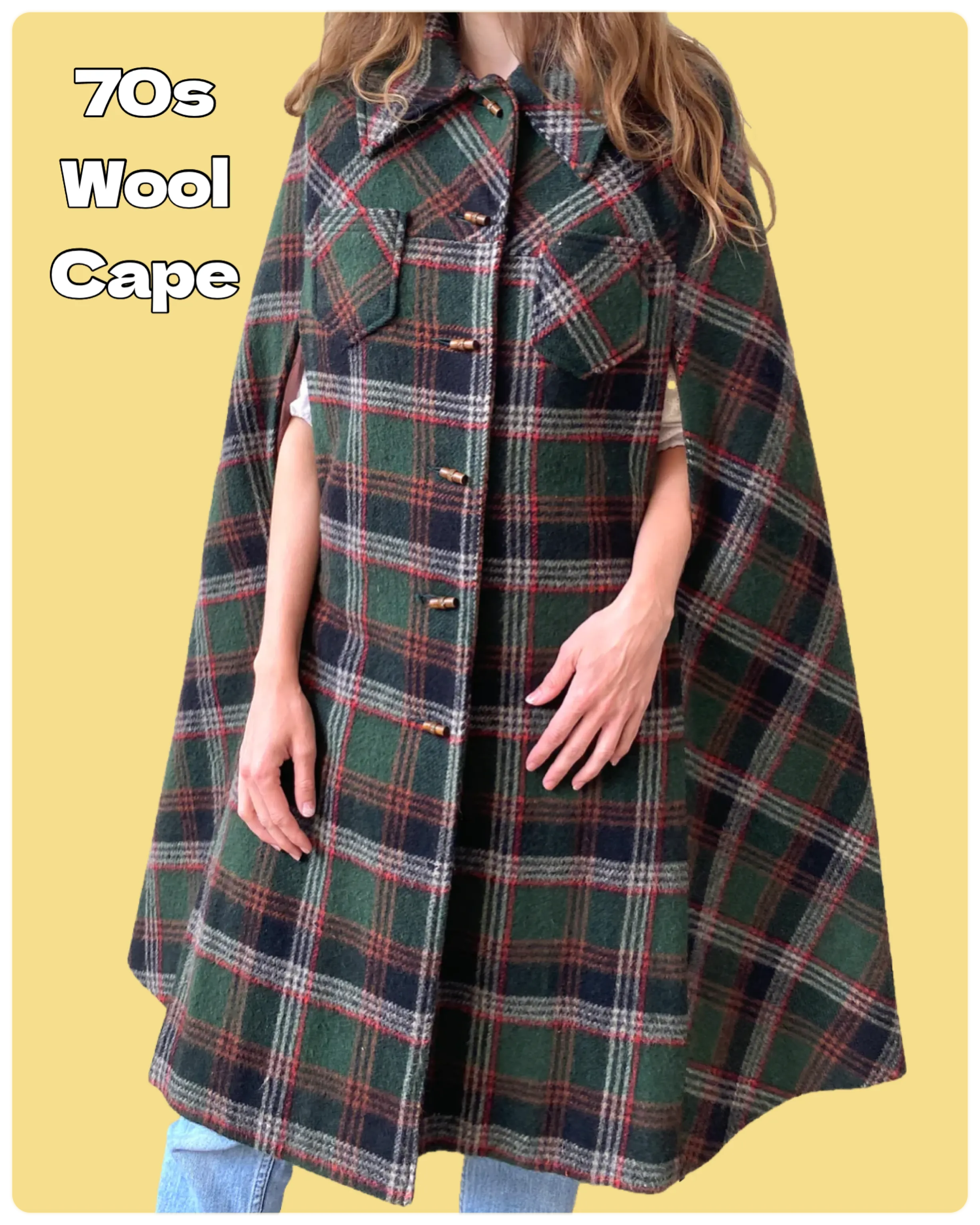 Vintage 1970s Green & Red Plaid Wool Cape