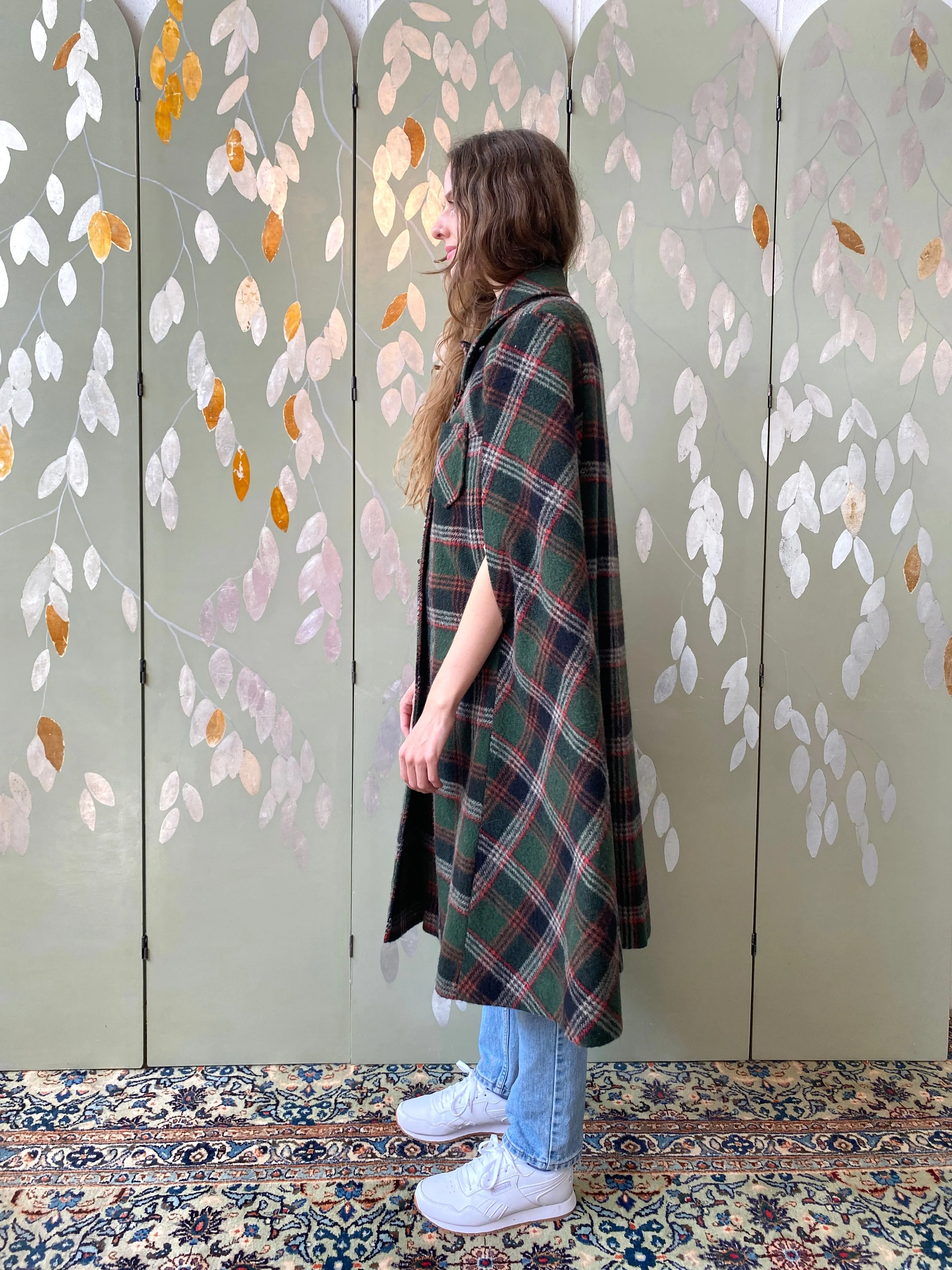 Vintage 1970s Green & Red Plaid Wool Cape