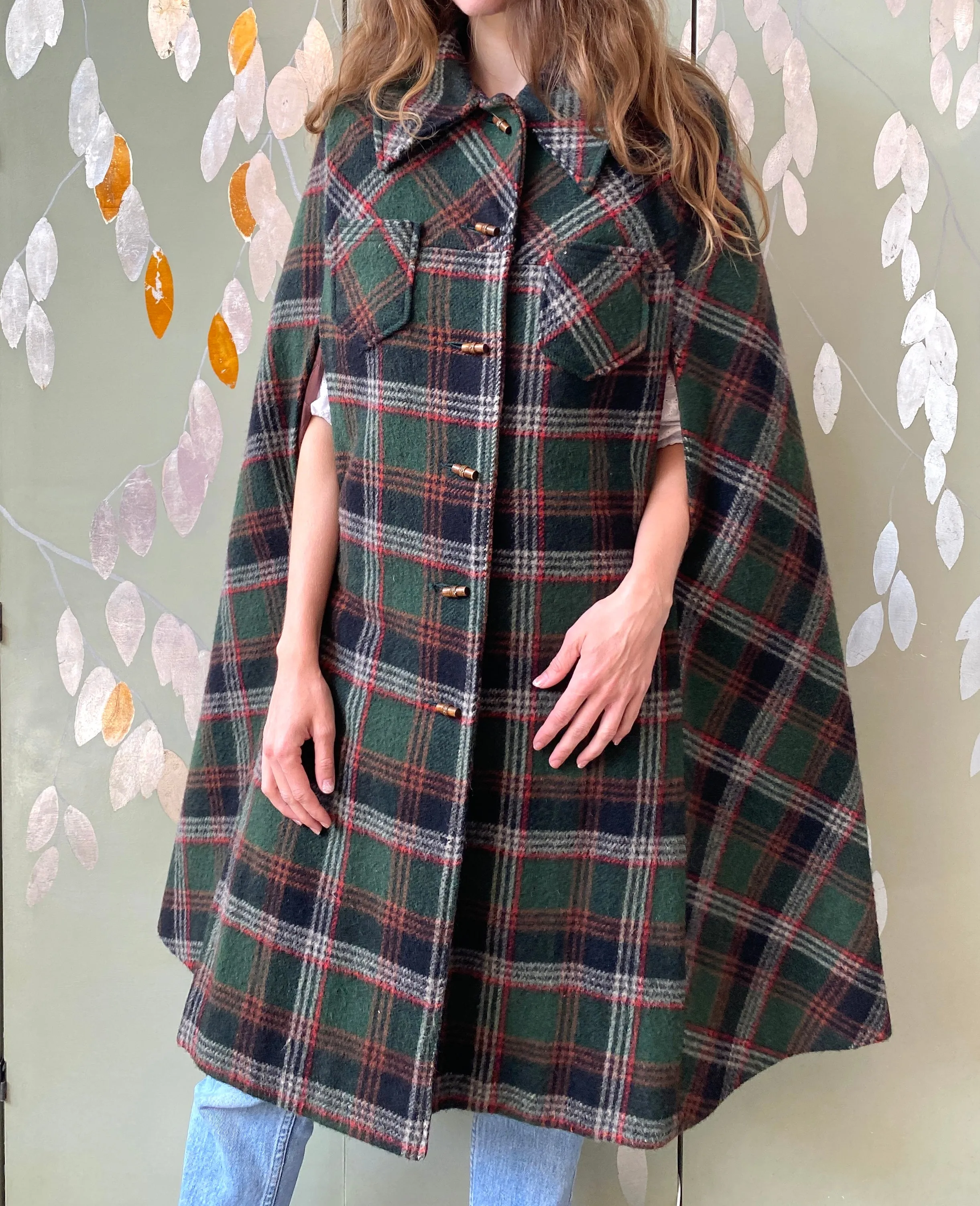 Vintage 1970s Green & Red Plaid Wool Cape