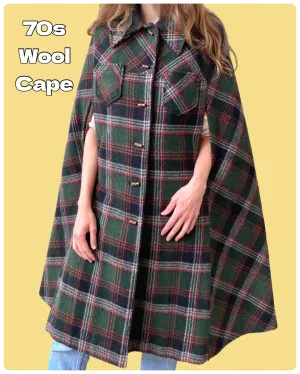Vintage 1970s Green & Red Plaid Wool Cape