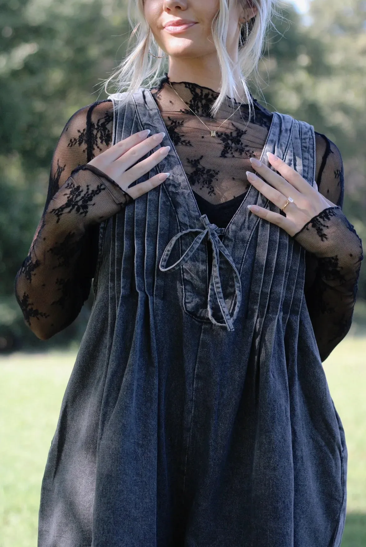 Webster Front-Tie Denim Romper (Dark Grey)