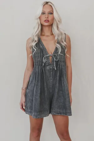 Webster Front-Tie Denim Romper (Dark Grey)