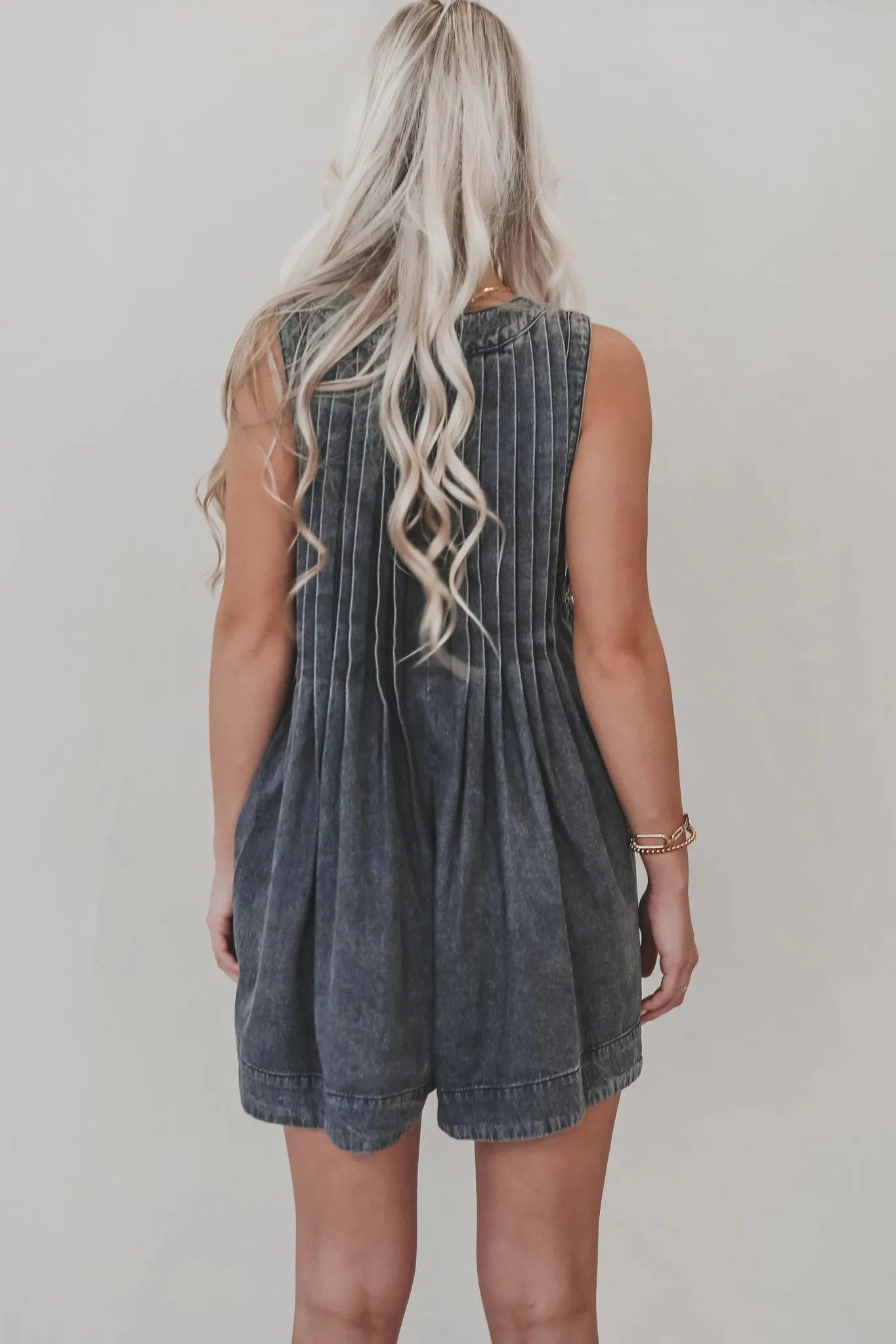 Webster Front-Tie Denim Romper (Dark Grey)