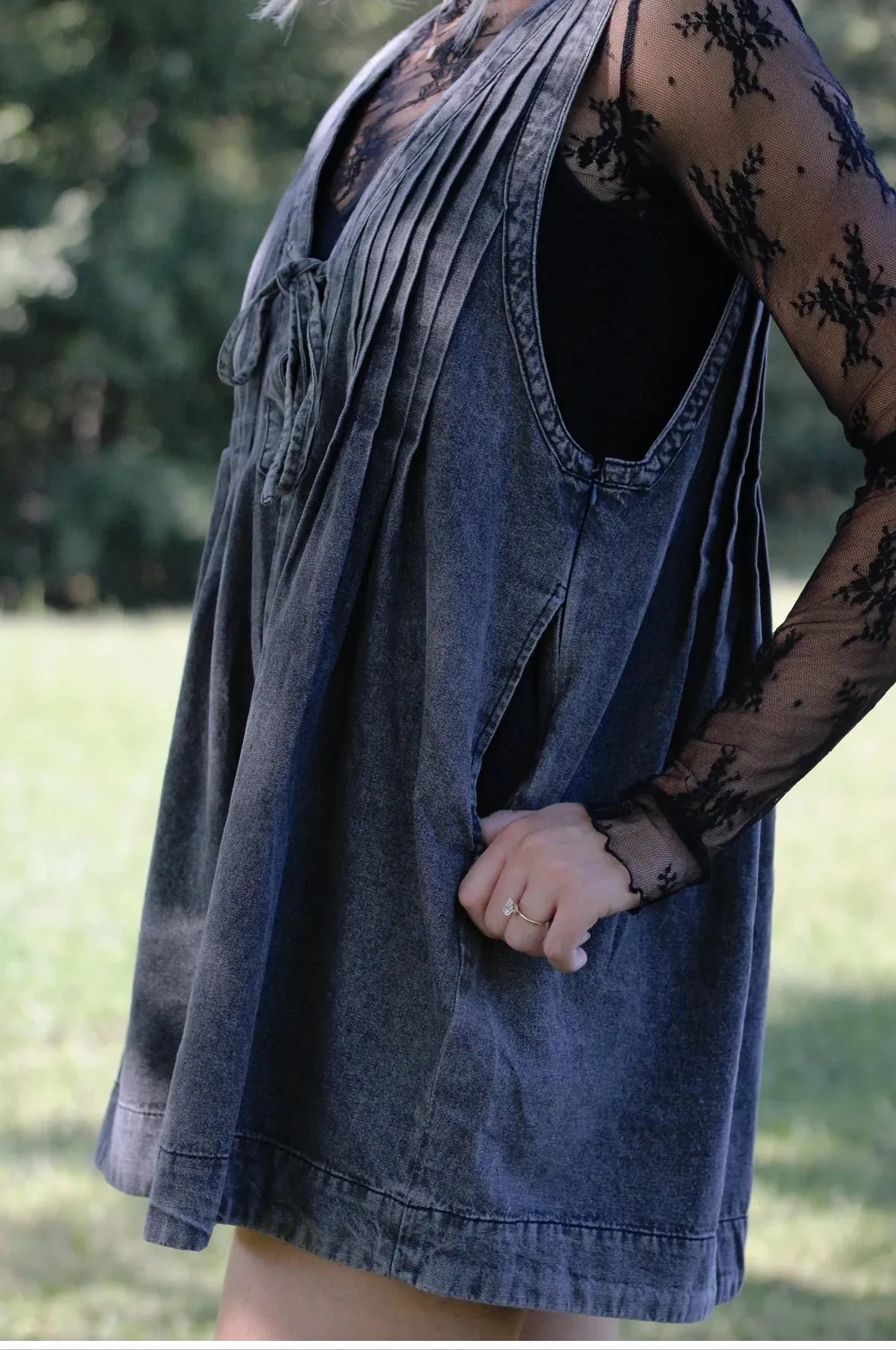 Webster Front-Tie Denim Romper (Dark Grey)