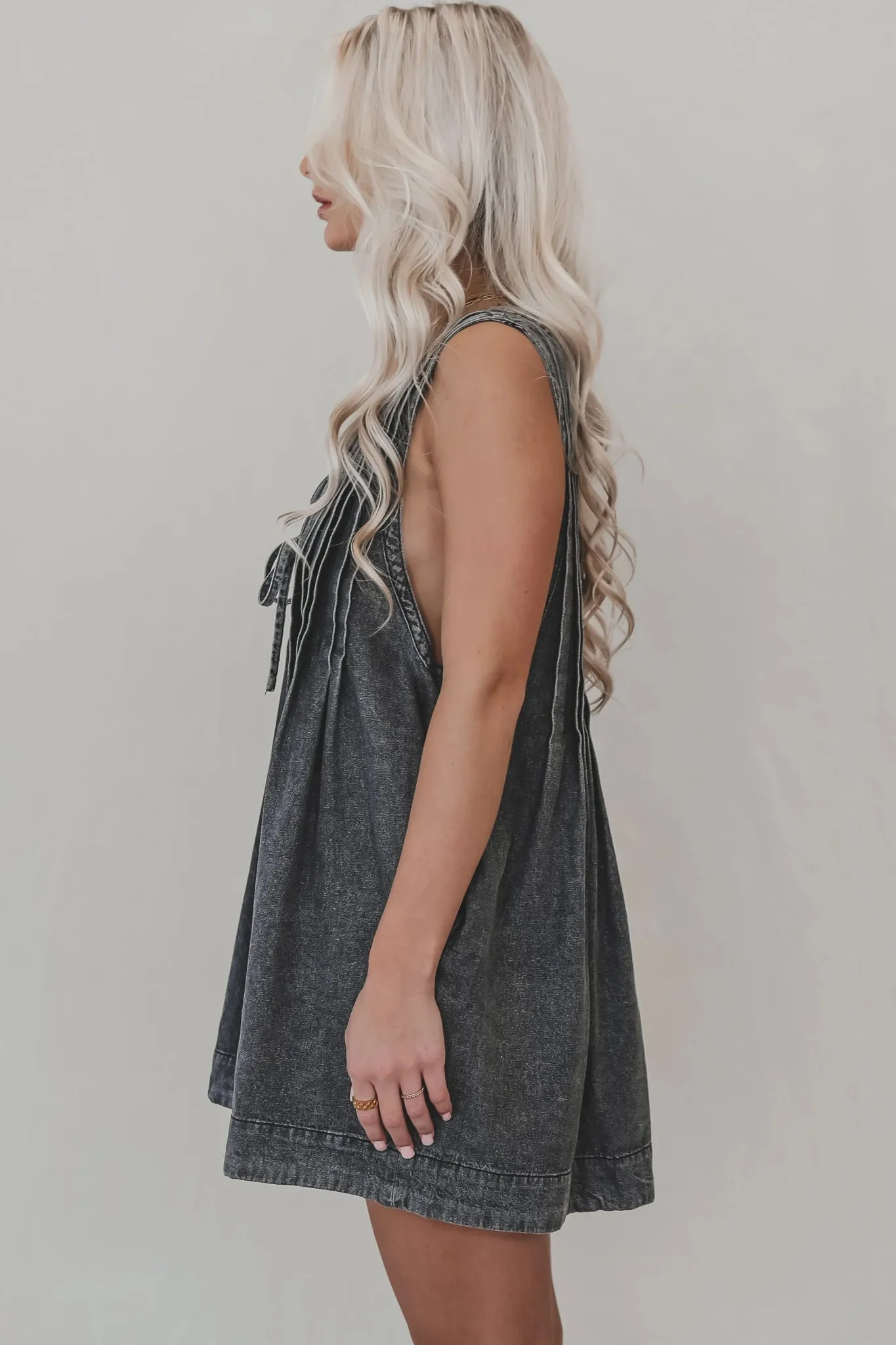 Webster Front-Tie Denim Romper (Dark Grey)