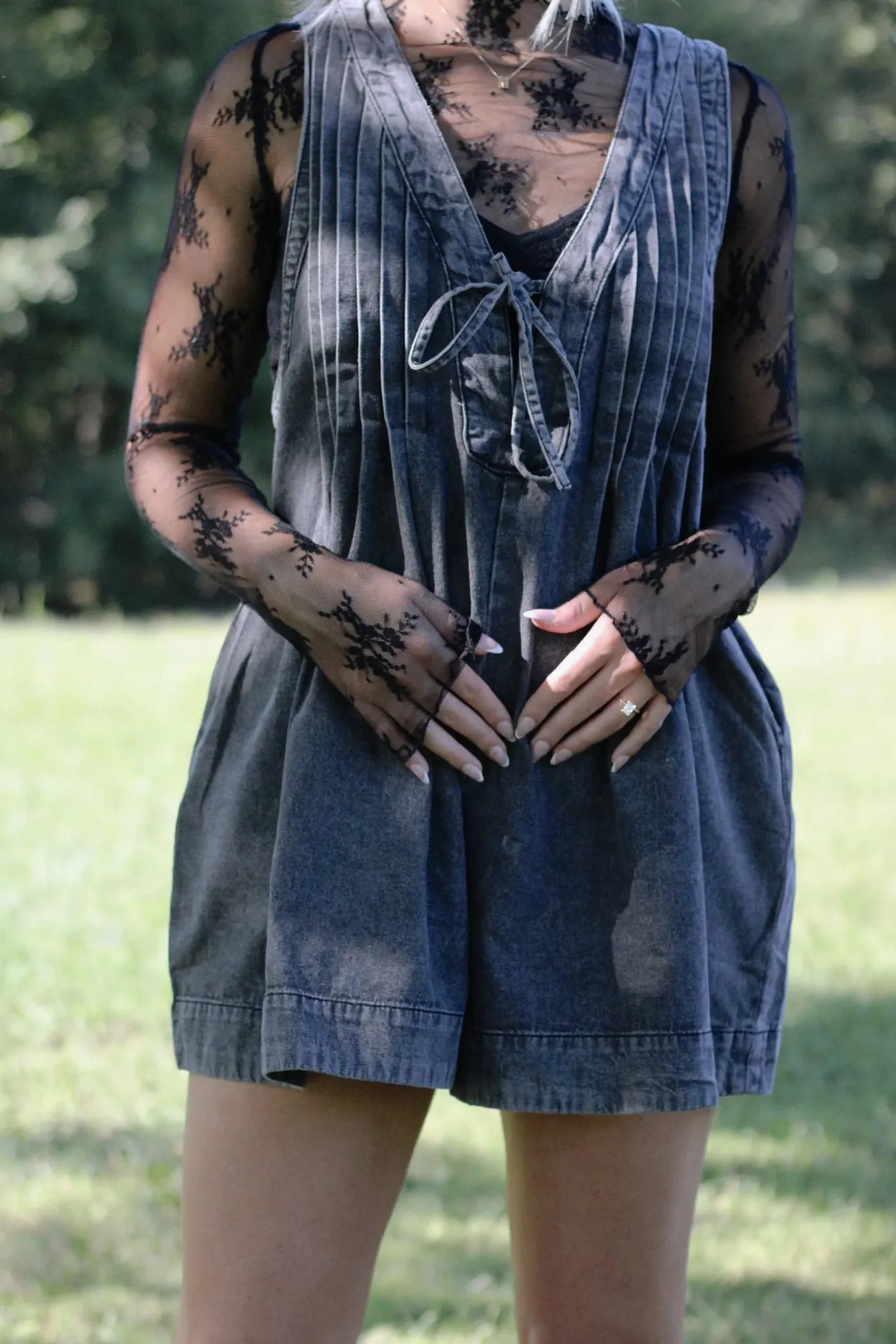 Webster Front-Tie Denim Romper (Dark Grey)