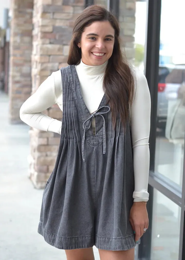 Webster Front-Tie Denim Romper (Dark Grey)