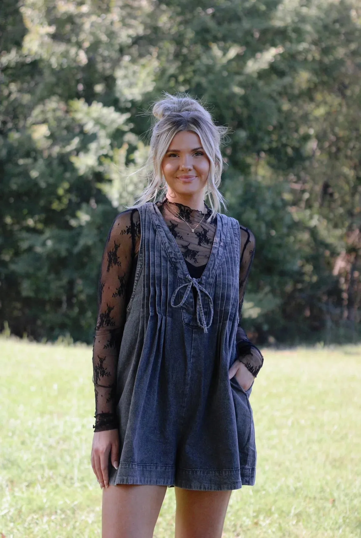 Webster Front-Tie Denim Romper (Dark Grey)