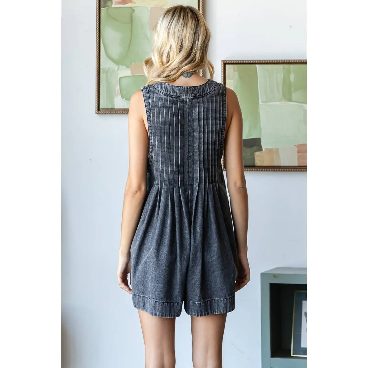 Webster Front-Tie Denim Romper (Dark Grey)