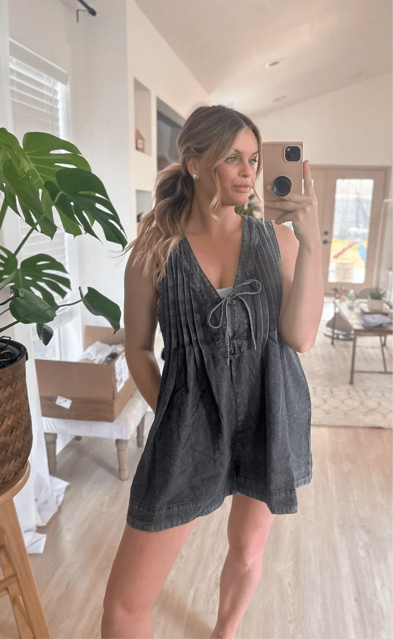 Webster Front-Tie Denim Romper (Dark Grey)