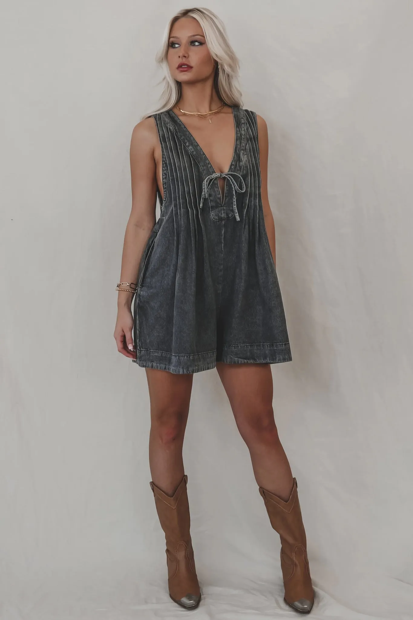 Webster Front-Tie Denim Romper (Dark Grey)