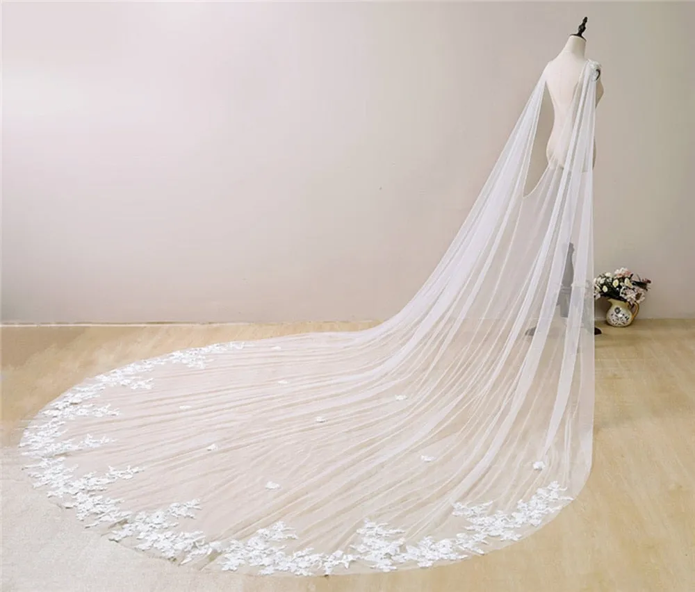 White Ivory Wedding Lace Bridal Shoulder Veil Cathedral Tulle Long Cape