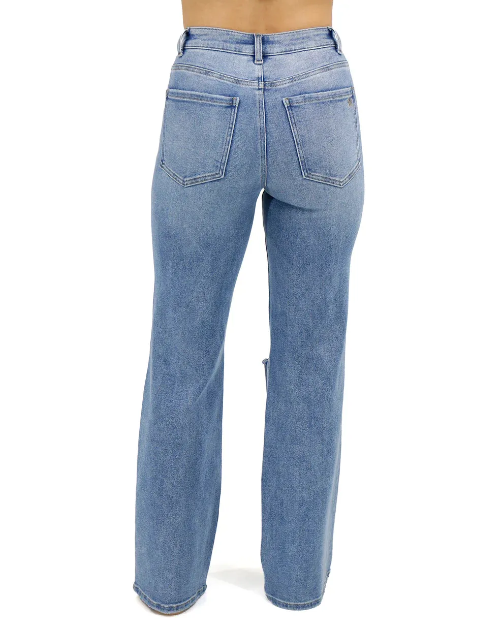 Wide Leg Premium Denim Distressed Mid-Wash