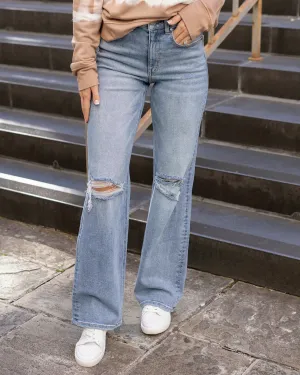 Wide Leg Premium Denim Distressed Mid-Wash