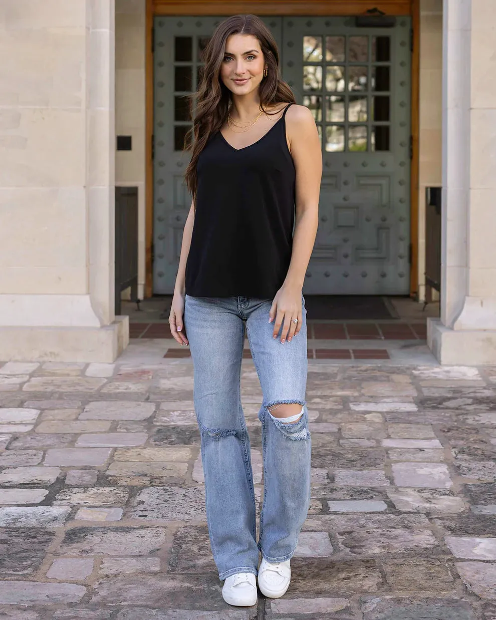 Wide Leg Premium Denim Distressed Mid-Wash