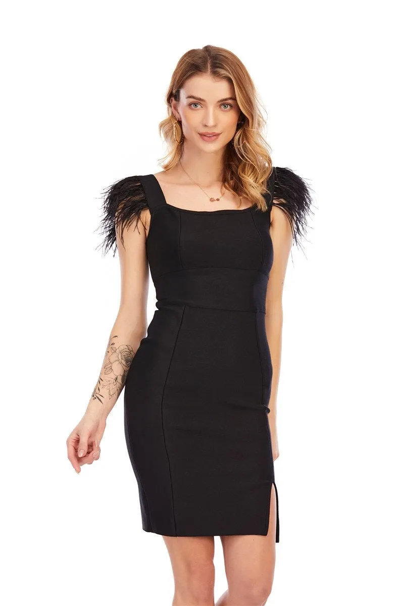 Winnal Women's One-step Dress Side Split ,Long With Fur Shoulder Retro Black A-Line Fur Dress